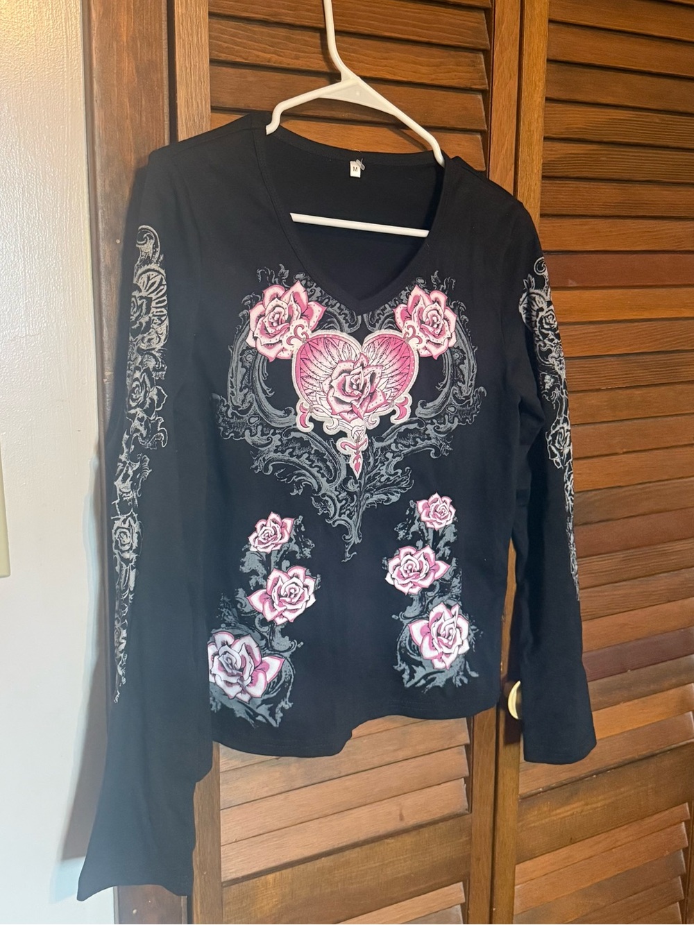 Black Long-Sleeve V-Neck Top with Pink Rose Heart Graphic